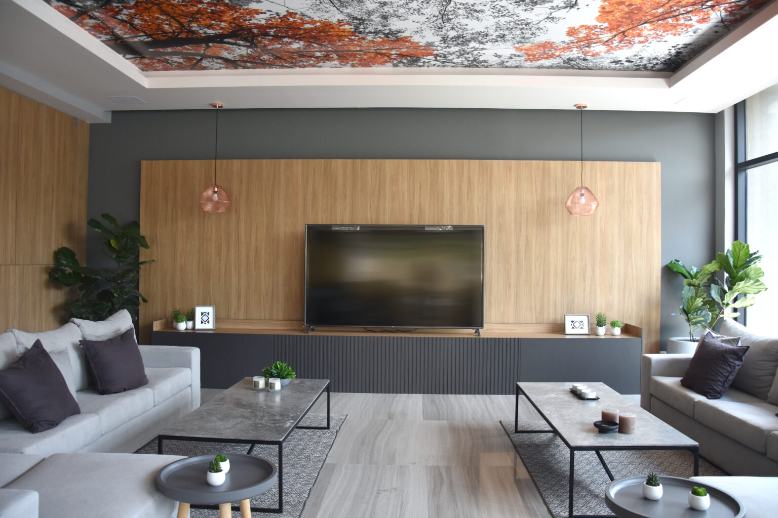 Sala social con sofás grises frente a mueble de televisión de madera