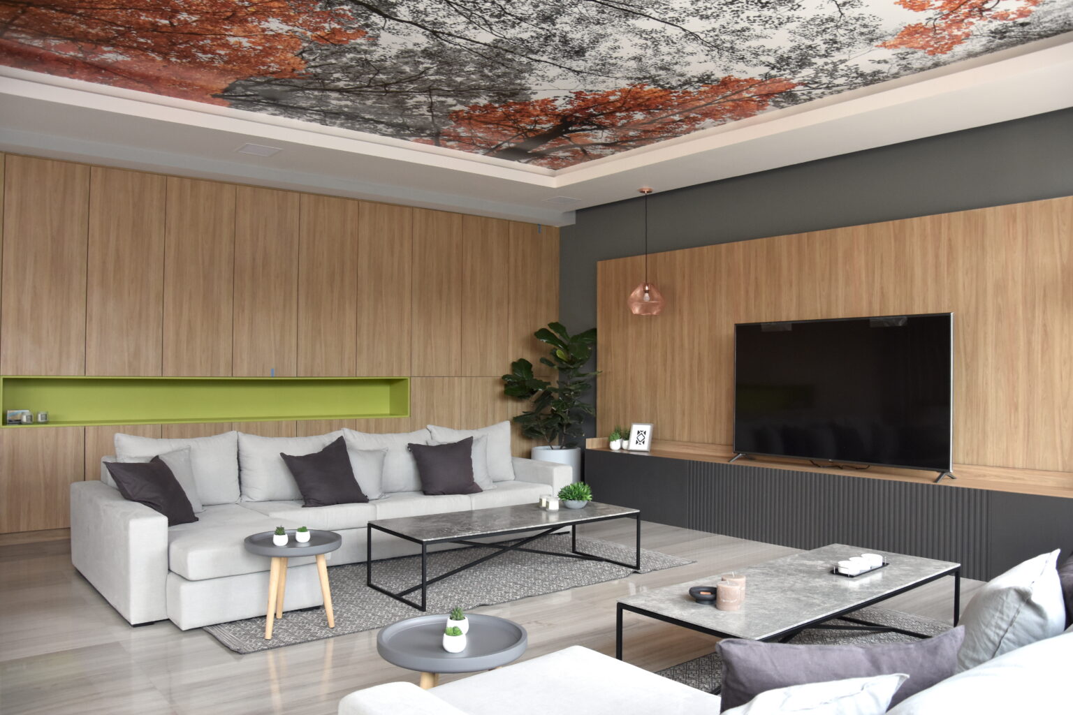 Sala con sofá gris, almacenamiento de madera y nicho verde en Borgó