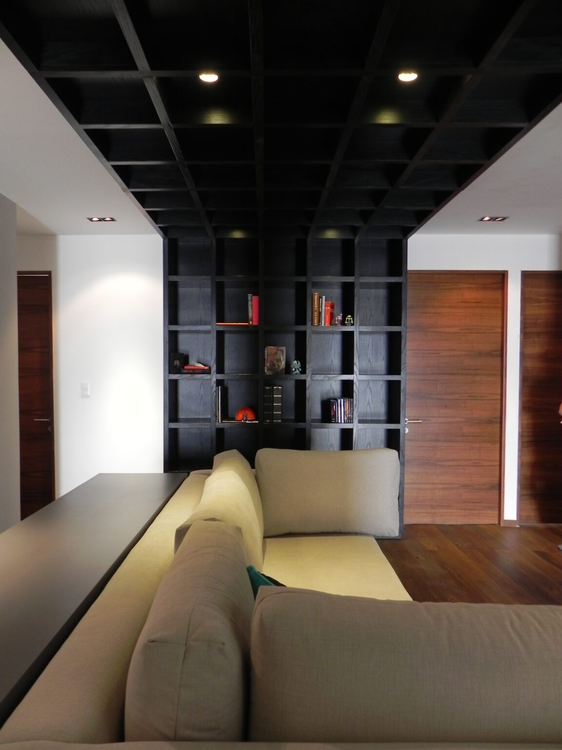 Perspectiva de sala de televisión con sofá blanco y librero reticular negro en Avivia
